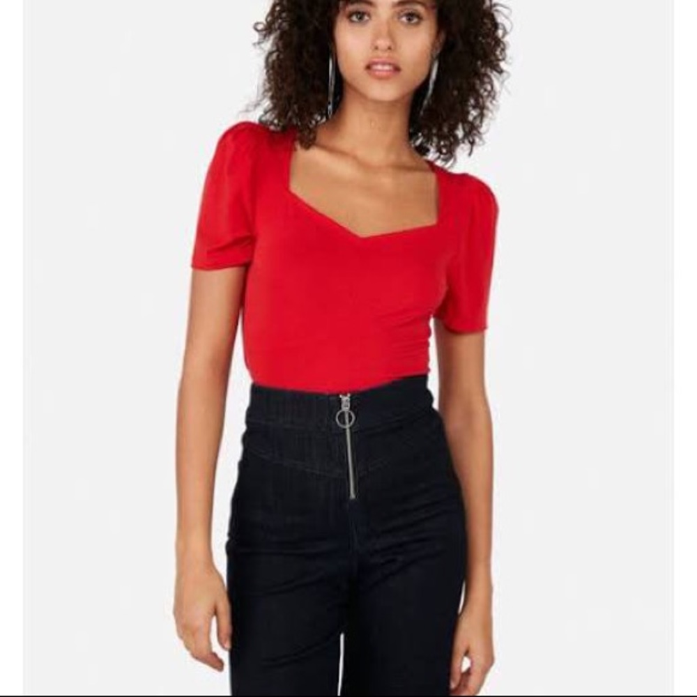 Express Red Sweetheart Puff Shoulder Shirt Small